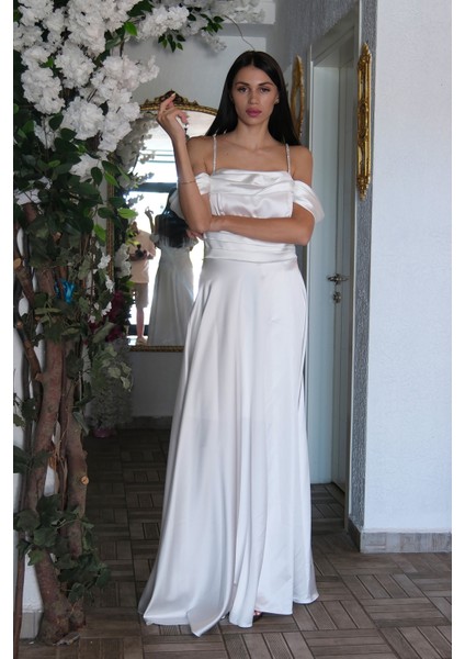 Beyaz Taş Askılı Düşük Kol Saten Abiye 0806118.15 modelleri