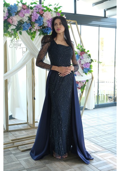 Lacivert Boncuk Işlemeli Tül Kol Detaylı Uzun Abiye 9705463.02