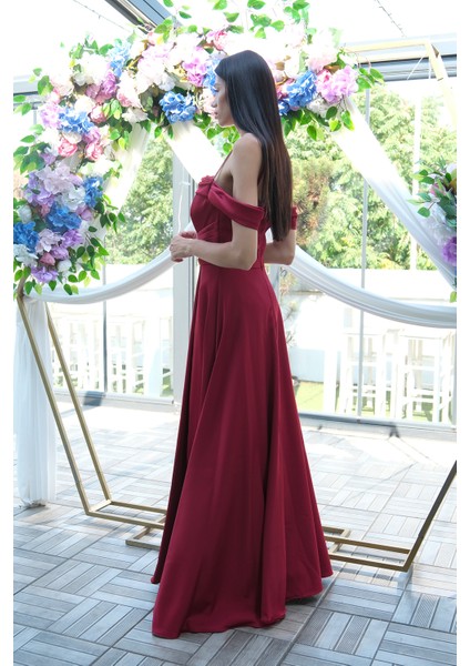Bordo Taş Askılı Düşük Kol Saten Abiye 0806118.04 fırsatları