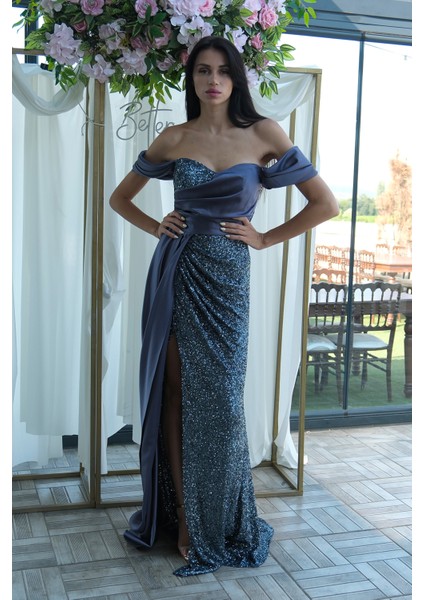 Indigo Pul Payet Detaylı Yırtmaçlı Abiye 9705321.98 fiyatları