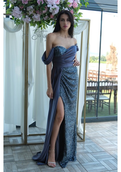 Indigo Pul Payet Detaylı Yırtmaçlı Abiye 9705321.98 modelleri