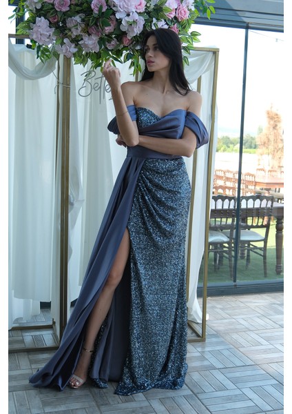 Indigo Pul Payet Detaylı Yırtmaçlı Abiye 9705321.98 indirimleri