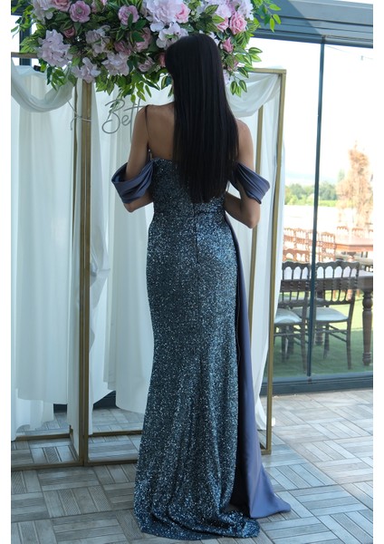 Indigo Pul Payet Detaylı Yırtmaçlı Abiye 9705321.98