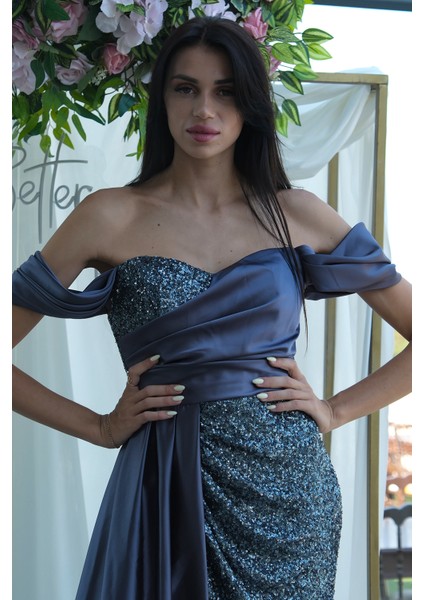 Indigo Pul Payet Detaylı Yırtmaçlı Abiye 9705321.98