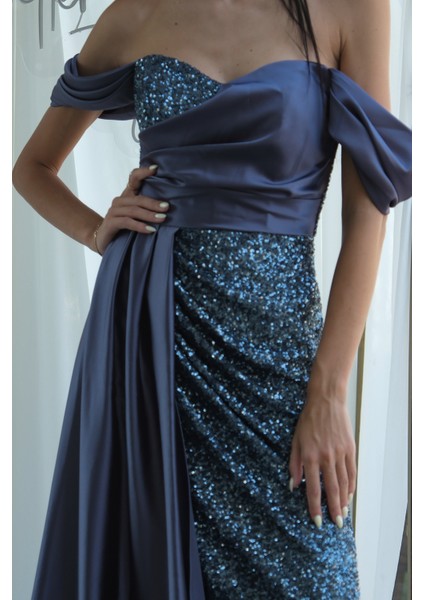 Indigo Pul Payet Detaylı Yırtmaçlı Abiye 9705321.98