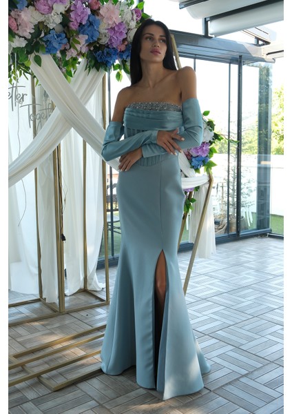 Petrol Göğüs Taş Işleme Detaylı Drapeli Abiye 9705446.13