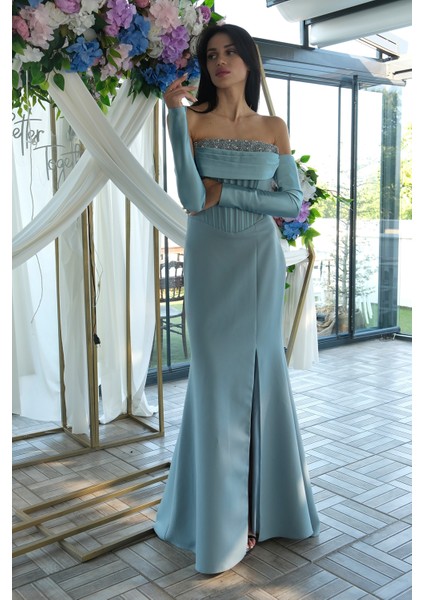 Petrol Göğüs Taş Işleme Detaylı Drapeli Abiye 9705446.13 fiyatları