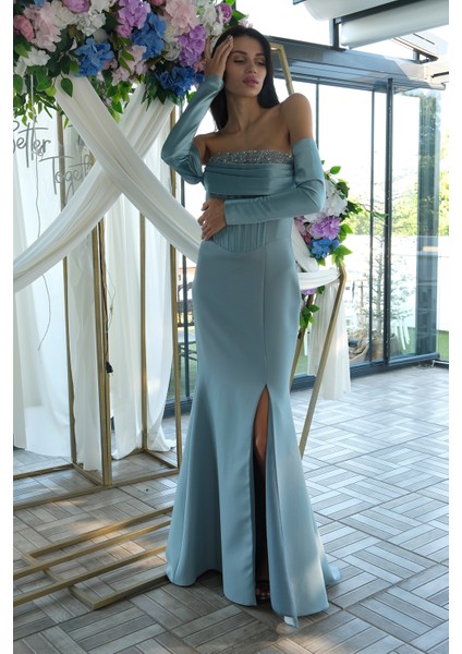 Petrol Göğüs Taş Işleme Detaylı Drapeli Abiye 9705446.13 modelleri