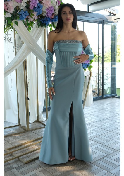 Petrol Göğüs Taş Işleme Detaylı Drapeli Abiye 9705446.13 fırsatları