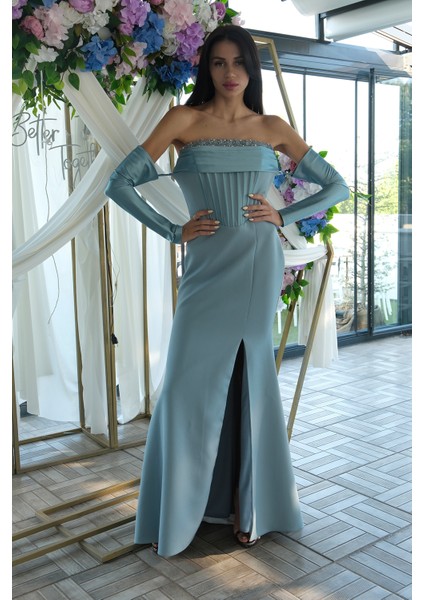 Petrol Göğüs Taş Işleme Detaylı Drapeli Abiye 9705446.13