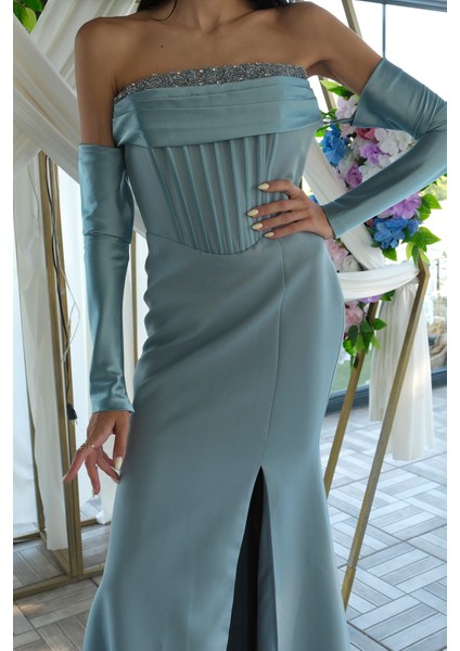 Petrol Göğüs Taş Işleme Detaylı Drapeli Abiye 9705446.13