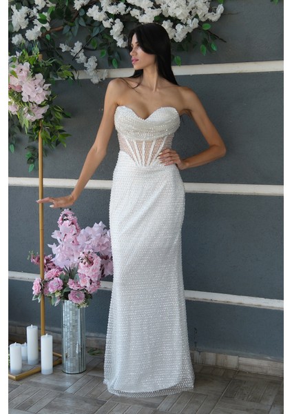 Beyaz Pul Taş Işlemeli Straplez Balık Abiye 9705304.15 fırsatları