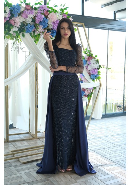 Lacivert Boncuk Işlemeli Tül Kol Detaylı Uzun Abiye 9705463.02 fiyatları