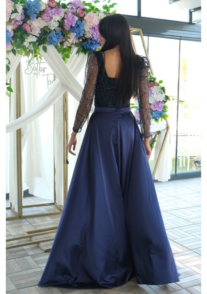 Lacivert Boncuk Işlemeli Tül Kol Detaylı Uzun Abiye 9705463.02 fırsatları