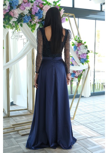 Lacivert Boncuk Işlemeli Tül Kol Detaylı Uzun Abiye 9705463.02