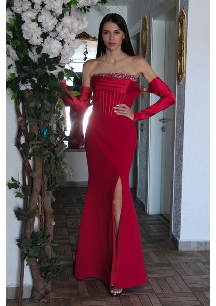 Kırmızı Göğüs Taş Işleme Detaylı Drapeli Abiye 9705446.08