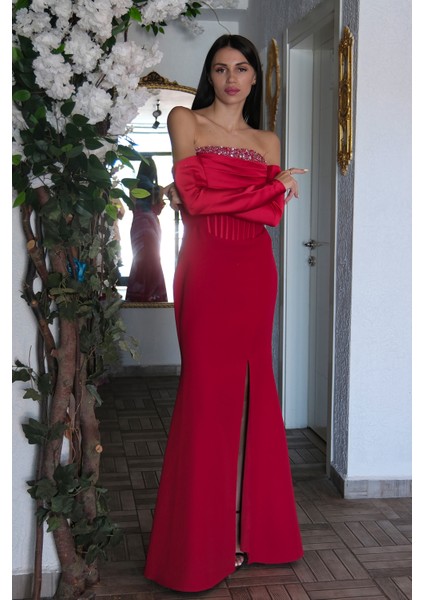 Kırmızı Göğüs Taş Işleme Detaylı Drapeli Abiye 9705446.08 fiyatları