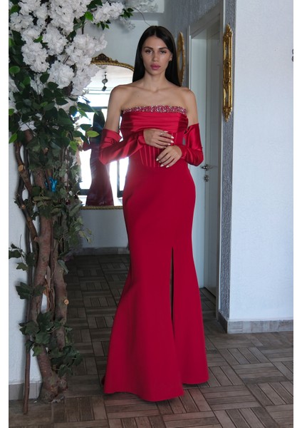 Kırmızı Göğüs Taş Işleme Detaylı Drapeli Abiye 9705446.08