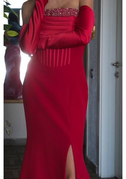 Kırmızı Göğüs Taş Işleme Detaylı Drapeli Abiye 9705446.08