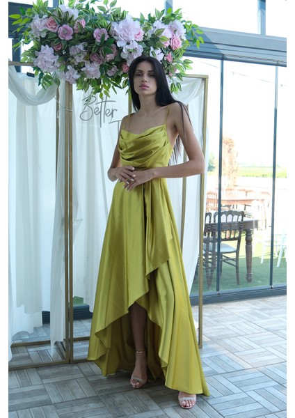 Fıstık Yırtmaç Detaylı Saten Abiye Elbise 4522348.22