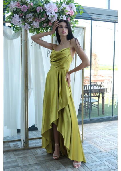 Fıstık Yırtmaç Detaylı Saten Abiye Elbise 4522348.22 fiyatları