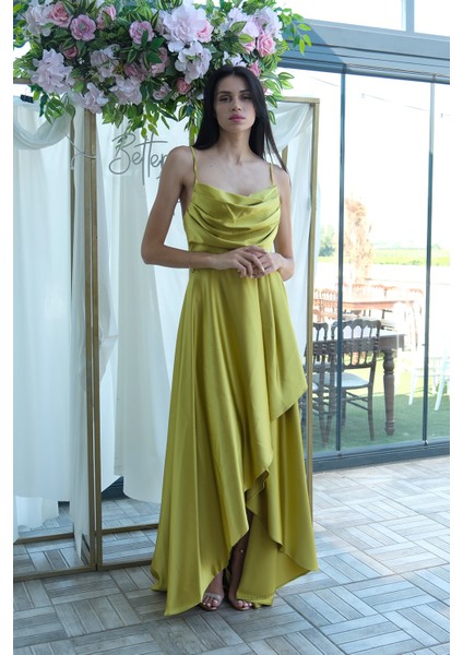 Fıstık Yırtmaç Detaylı Saten Abiye Elbise 4522348.22 modelleri