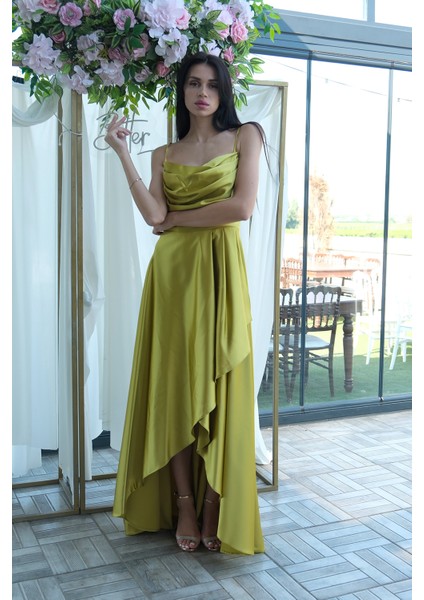 Fıstık Yırtmaç Detaylı Saten Abiye Elbise 4522348.22 fırsatları