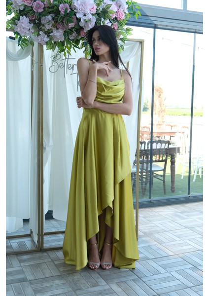 Fıstık Yırtmaç Detaylı Saten Abiye Elbise 4522348.22 indirimleri