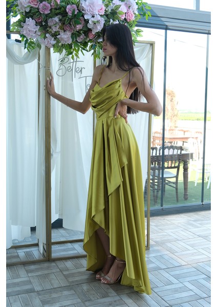 Fıstık Yırtmaç Detaylı Saten Abiye Elbise 4522348.22