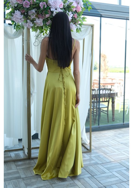 Fıstık Yırtmaç Detaylı Saten Abiye Elbise 4522348.22