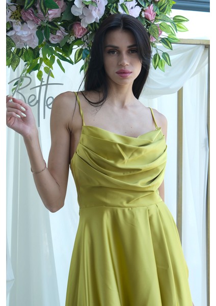 Fıstık Yırtmaç Detaylı Saten Abiye Elbise 4522348.22