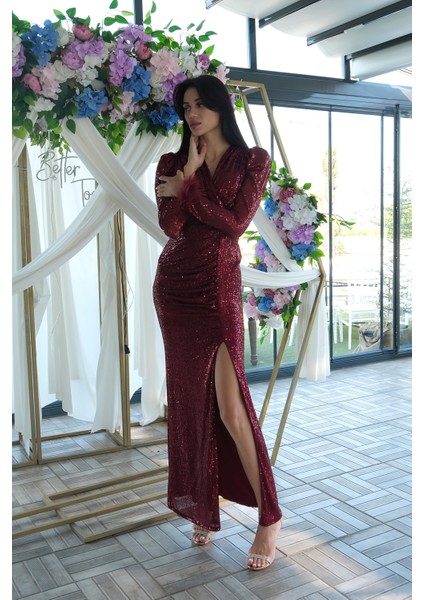 Bordo Kruvaze Yaka Kol Ucu Tüylü Pul Payet Abiye 9705182.04