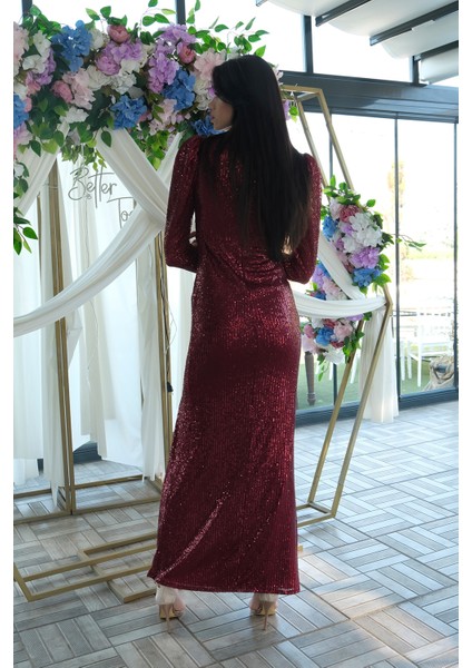 Bordo Kruvaze Yaka Kol Ucu Tüylü Pul Payet Abiye 9705182.04 fırsatları
