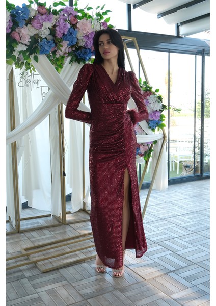 Bordo Kruvaze Yaka Kol Ucu Tüylü Pul Payet Abiye 9705182.04