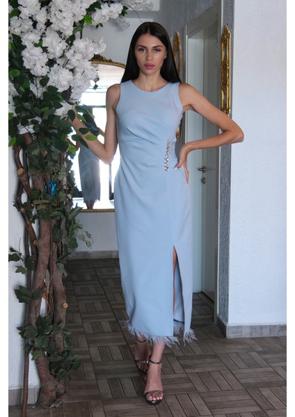 Bebe Mavi Önü Taş Detaylı Yırtmaçlı Tüy Detaylı Abiye 9705402.449