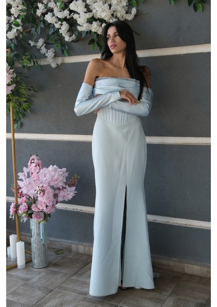 Bebe Mavi Göğüs Taş Işleme Detaylı Drapeli Abiye 9705446.449 fiyatları