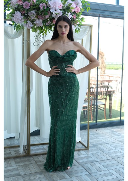 Zümrüt Pul Taş Işlemeli Straplez Balık Abiye 9705304.123