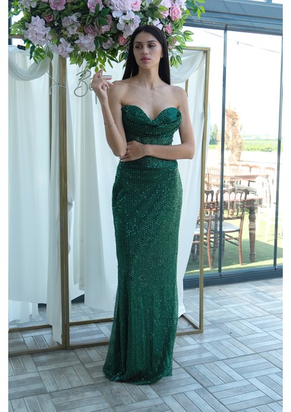 Zümrüt Pul Taş Işlemeli Straplez Balık Abiye 9705304.123 modelleri