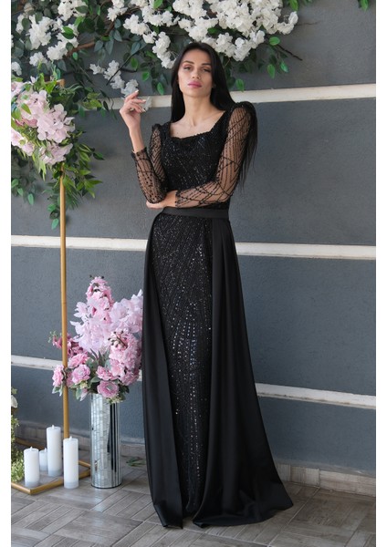 Siyah Boncuk Işlemeli Tül Kol Detaylı Uzun Abiye 9705463.01