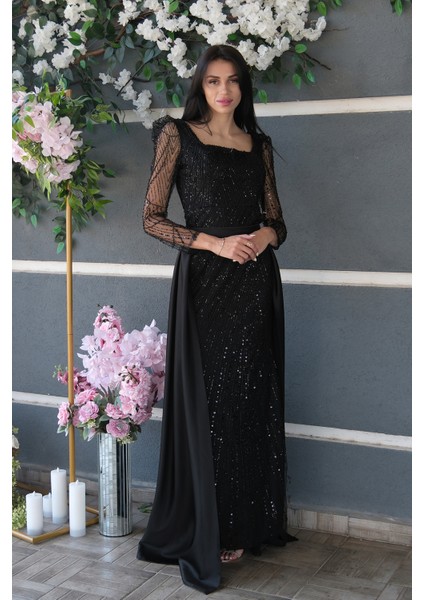 Siyah Boncuk Işlemeli Tül Kol Detaylı Uzun Abiye 9705463.01 modelleri