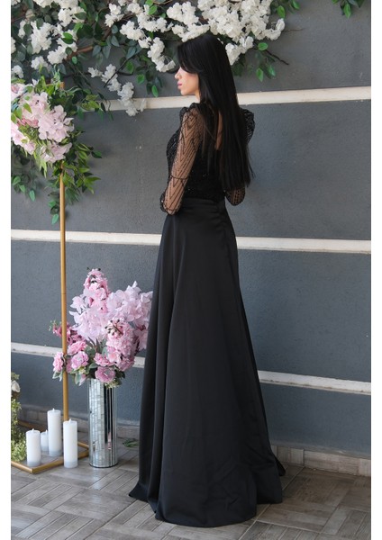 Siyah Boncuk Işlemeli Tül Kol Detaylı Uzun Abiye 9705463.01 fırsatları