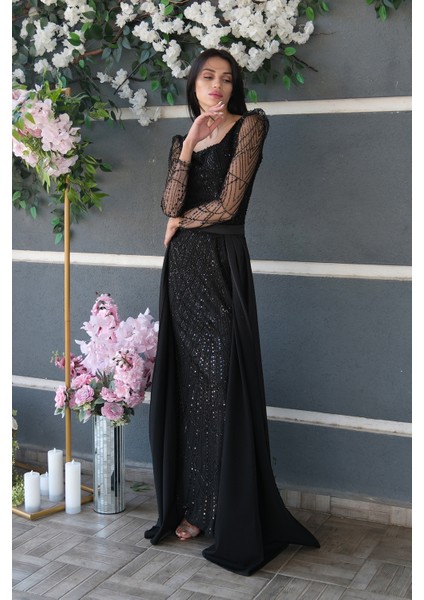 Siyah Boncuk Işlemeli Tül Kol Detaylı Uzun Abiye 9705463.01 indirimleri