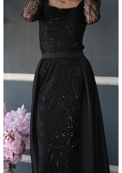 Siyah Boncuk Işlemeli Tül Kol Detaylı Uzun Abiye 9705463.01