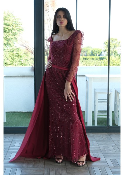 Bordo Boncuk Işlemeli Tül Kol Detaylı Uzun Abiye 9705463.04