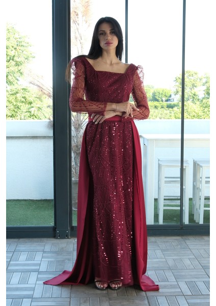 Bordo Boncuk Işlemeli Tül Kol Detaylı Uzun Abiye 9705463.04 fiyatları