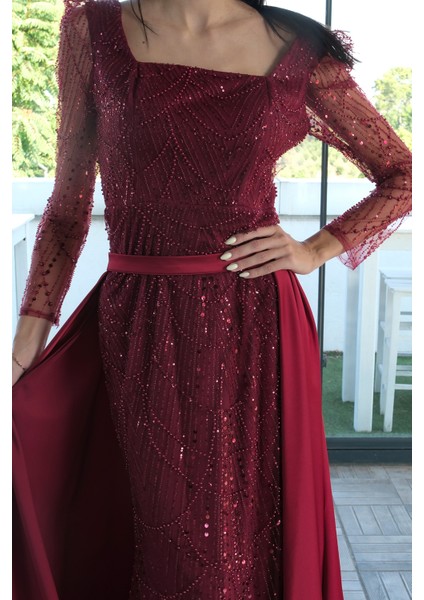Bordo Boncuk Işlemeli Tül Kol Detaylı Uzun Abiye 9705463.04
