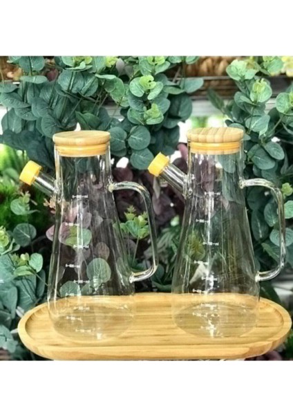 Bambu Kapaklı Vakumlu Cam Yağlık ve Sirkelik, 3'lü Set