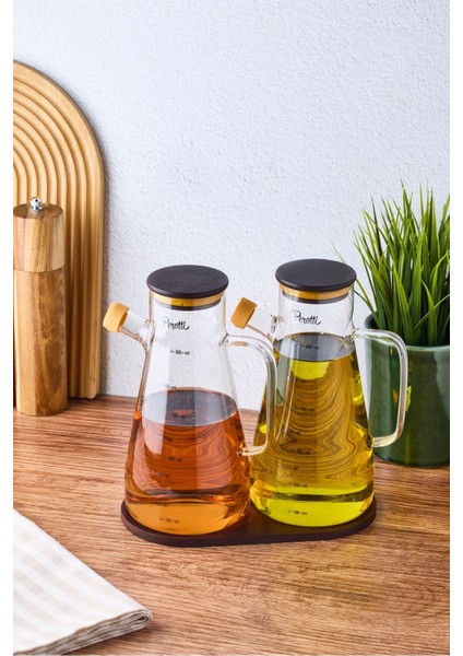 Şeffaf Cam Yağdanlık ve Sirkelik Takımı, 900 Ml, Akasya Kapaklı ve Standlı