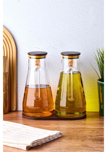 Şeffaf Cam Yağdanlık ve Sirkelik Takımı, 900 Ml, Akasya Kapaklı ve Standlı