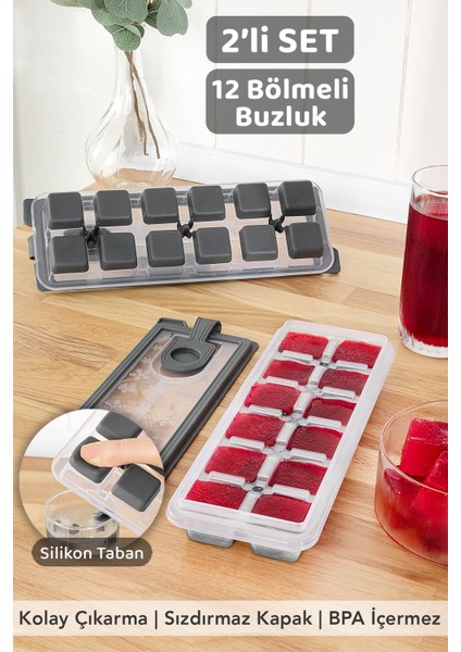 12 Hazneli Gri Silikon Buz Kalıbı, Kapaklı, Yapışmaz, Bas-Çıkart Özellikli